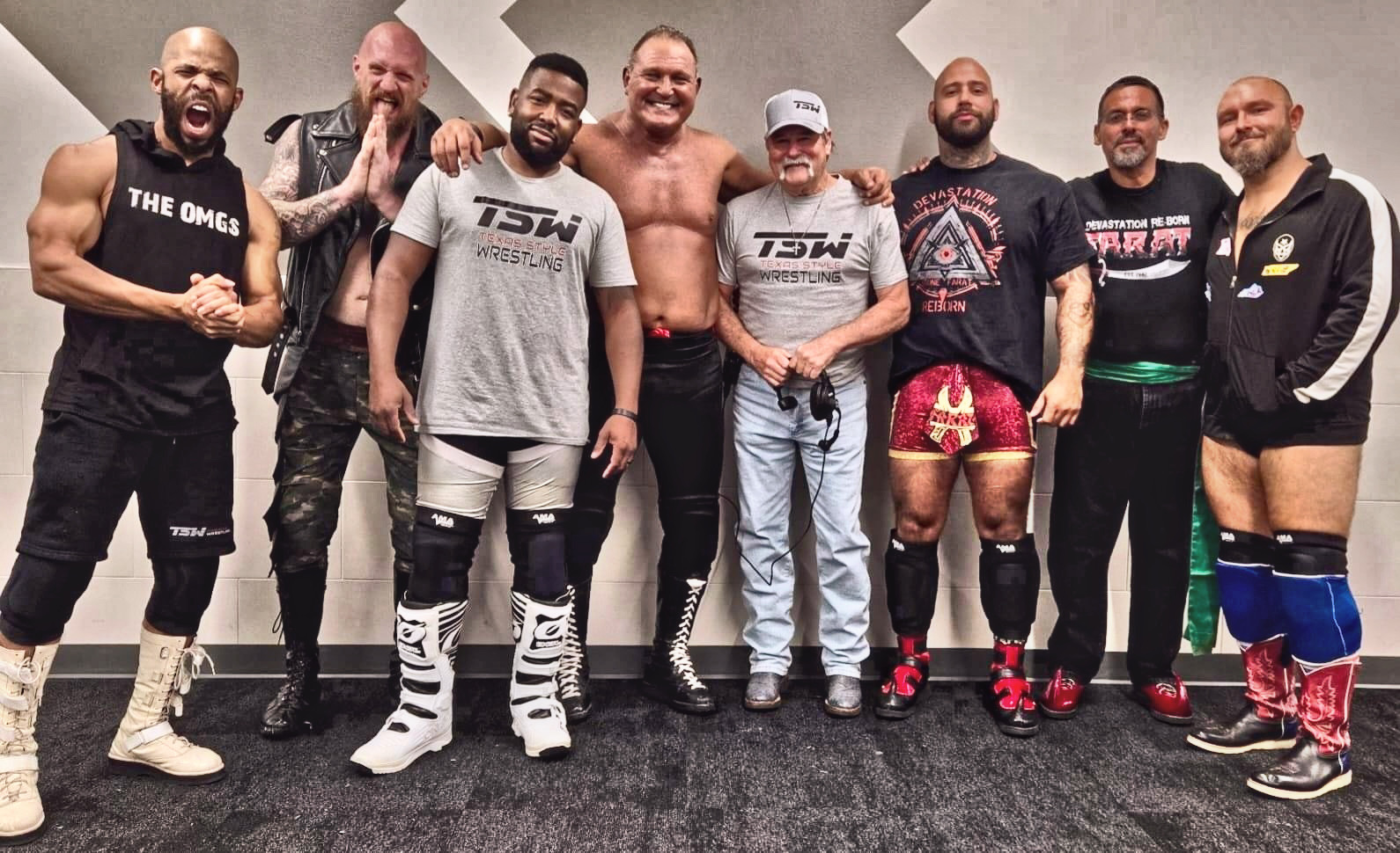 A Traditional Championship Wrestling reunion, left to right, Mike Anthony, Ivan Warsaw, Jon Omari, Tim Storm, James Beard, Akbar Farat, Al Farat, Jeremiah Plunkett. Photo by Al Farat