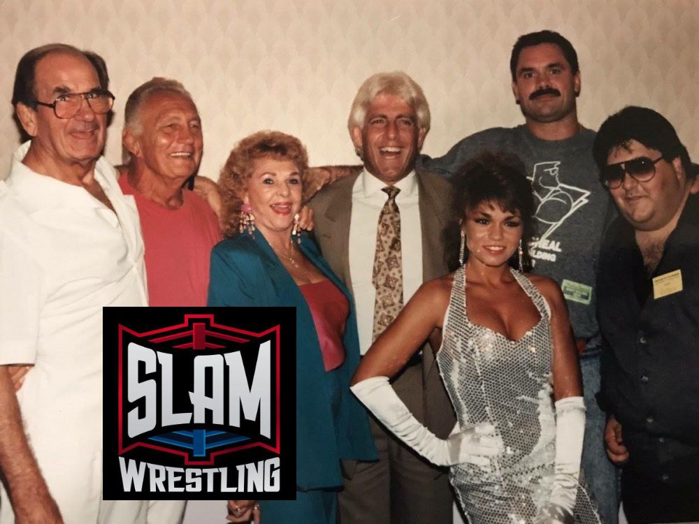 Lou Thesz, Buddy Rogers, Fabulous Moolah, Ric Flair, Woman Nancy Sullivan, Rick Rude and John Arezzi at the 1991 Weekend of Champions. Photo courtesy John Arezzi