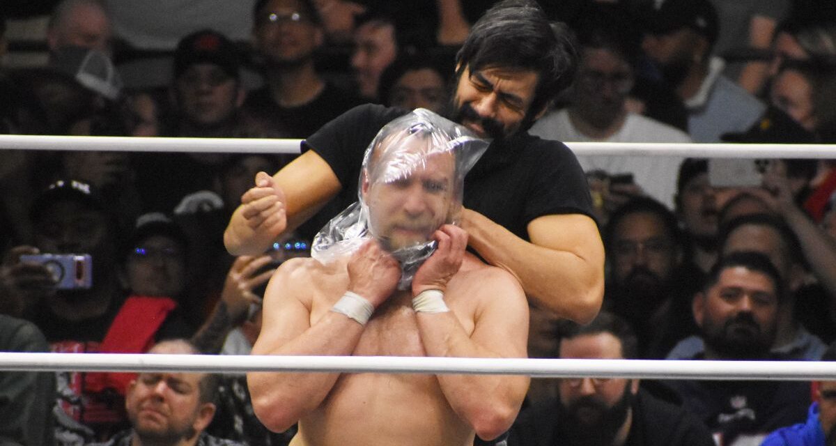 Wheeler Yuta chokes Bryan Danielson at AEW WrestleDream at the Tacoma Dome, in Tacoma, Wash., on Saturday, October 12, 2024. Photo by Ben Lypka