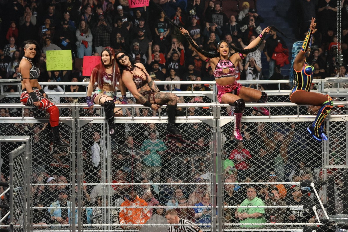 The winners of the WarGames match were Bayley, Iyo Sky, Rhea Ripley, Bianca Belair, and Naomi at WWE Survivor Series: War Games, at the Rogers Arena in Vancouver, BC, on Saturday, November 30, 2024. Photo by Mike Mastrandrea, https://www.instagram.com/mikemastrandrea_photography