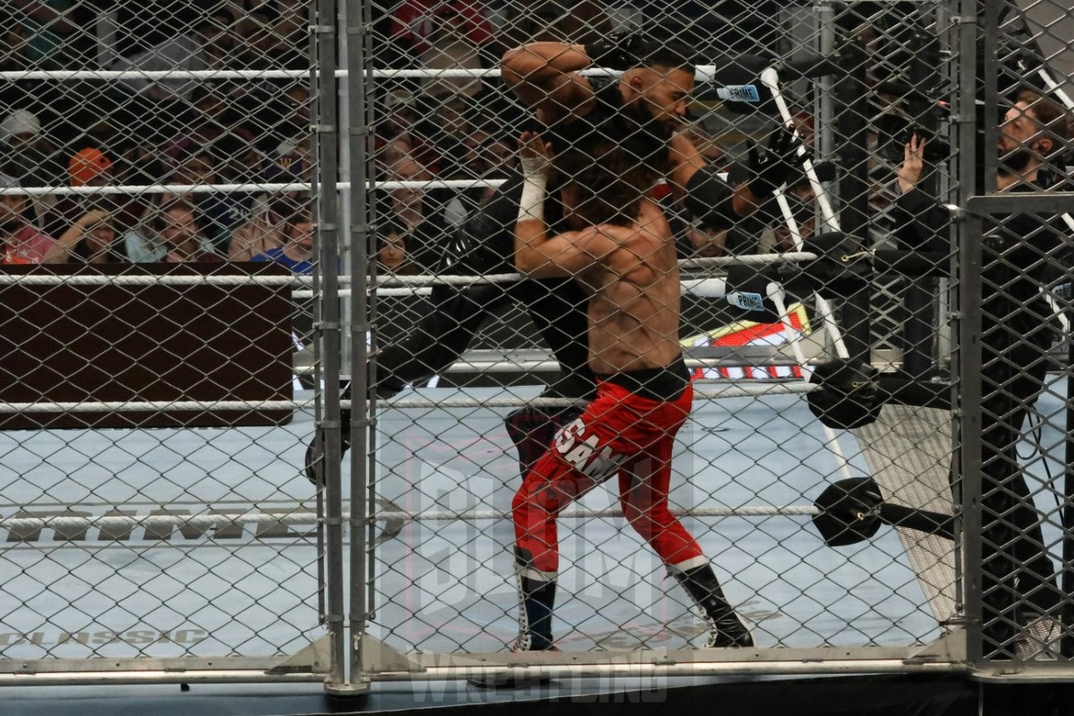 WarGames match: Roman Reigns, Sami Zayn, Jimmy Uso, Jey Uso, and CM Punk vs. Solo Sikoa, Tonga Loa, Tama Tonga, Jacob Fatu, and Bronson Reed at WWE Survivor Series: War Games, at the Rogers Arena in Vancouver, BC, on Saturday, November 30, 2024. Photo by Mike Mastrandrea, https://www.instagram.com/mikemastrandrea_photography