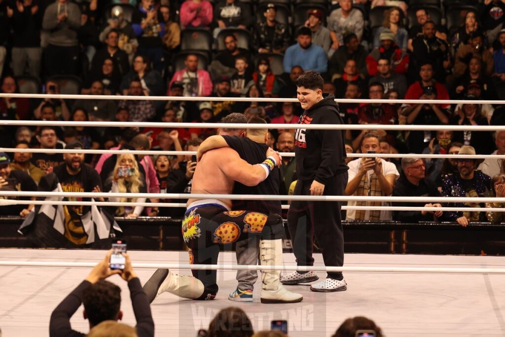 The Costco Guys, "The Rizzler" Christian Joseph, A.J. Befumo and "Big Justice" Eric Befumo at AEW Full Gear on Saturday, November 23, 2024, at the Prudential Center in Newark, NJ. Photo by George Tahinos, https://georgetahinos.smugmug.com