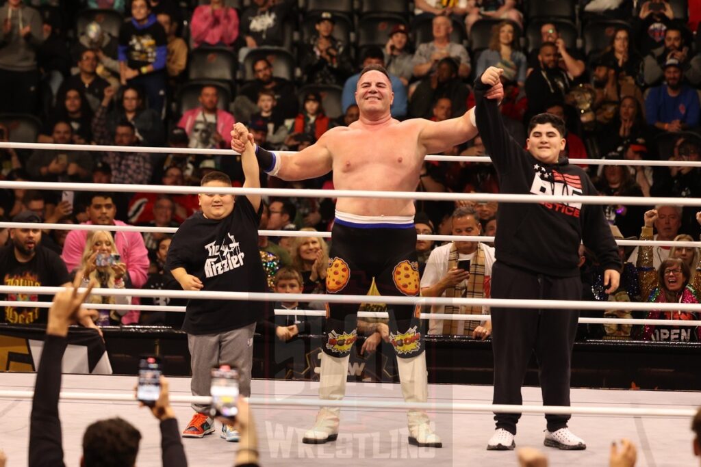 The Costco Guys, "The Rizzler" Christian Joseph, A.J. Befumo and "Big Justice" Eric Befumo at AEW Full Gear on Saturday, November 23, 2024, at the Prudential Center in Newark, NJ. Photo by George Tahinos, https://georgetahinos.smugmug.com