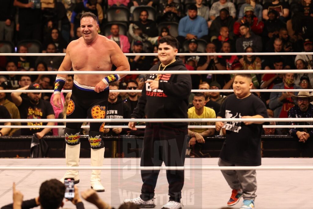 The Costco Guys, "The Rizzler" Christian Joseph, A.J. Befumo and "Big Justice" Eric Befumo at AEW Full Gear on Saturday, November 23, 2024, at the Prudential Center in Newark, NJ. Photo by George Tahinos, https://georgetahinos.smugmug.com