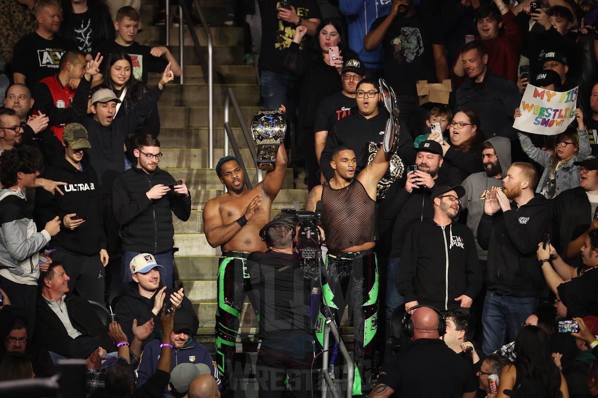 Private Party (Isiah Kassidy and Marq Quen) retain the AEW tag team titles at AEW Full Gear on Saturday, November 23, 2024, at the Prudential Center in Newark, NJ. Photo by George Tahinos, https://georgetahinos.smugmug.com