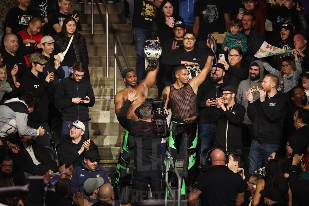 Private Party (Isiah Kassidy and Marq Quen) retain the AEW tag team titles at AEW Full Gear on Saturday, November 23, 2024, at the Prudential Center in Newark, NJ. Photo by George Tahinos, https://georgetahinos.smugmug.com