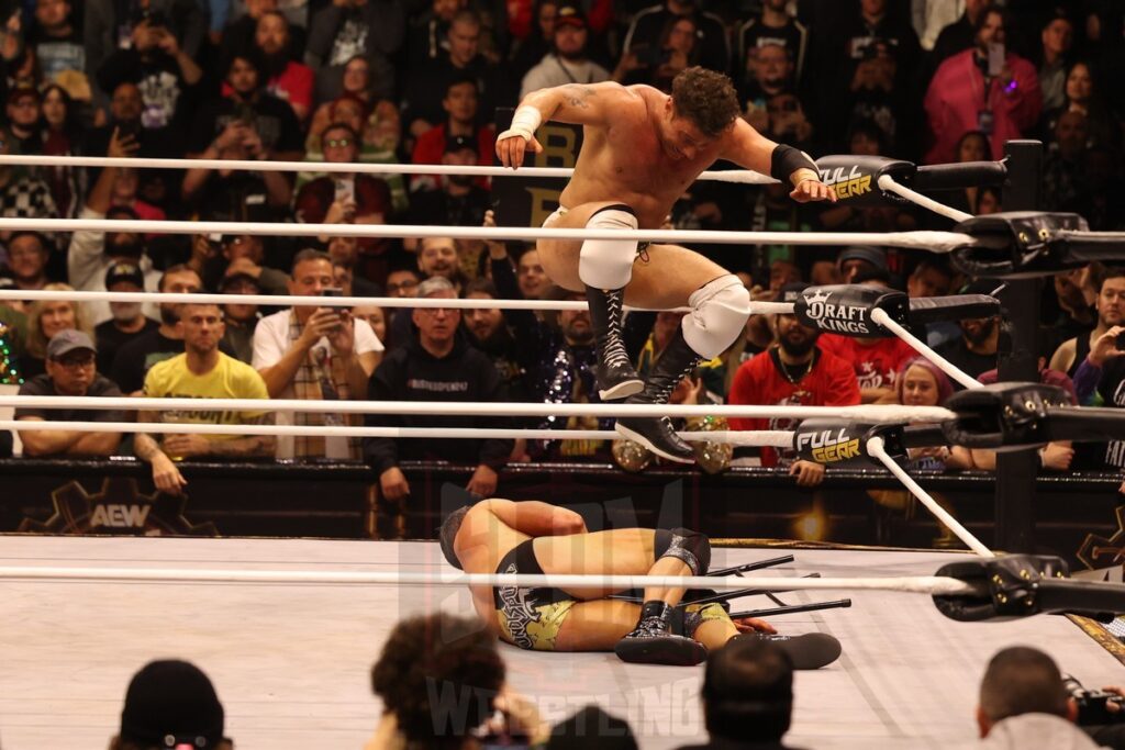 Post-match, MJF stomps on Roderick Strong's leg with a chair at AEW Full Gear on Saturday, November 23, 2024, at the Prudential Center in Newark, NJ. Photo by George Tahinos, https://georgetahinos.smugmug.com