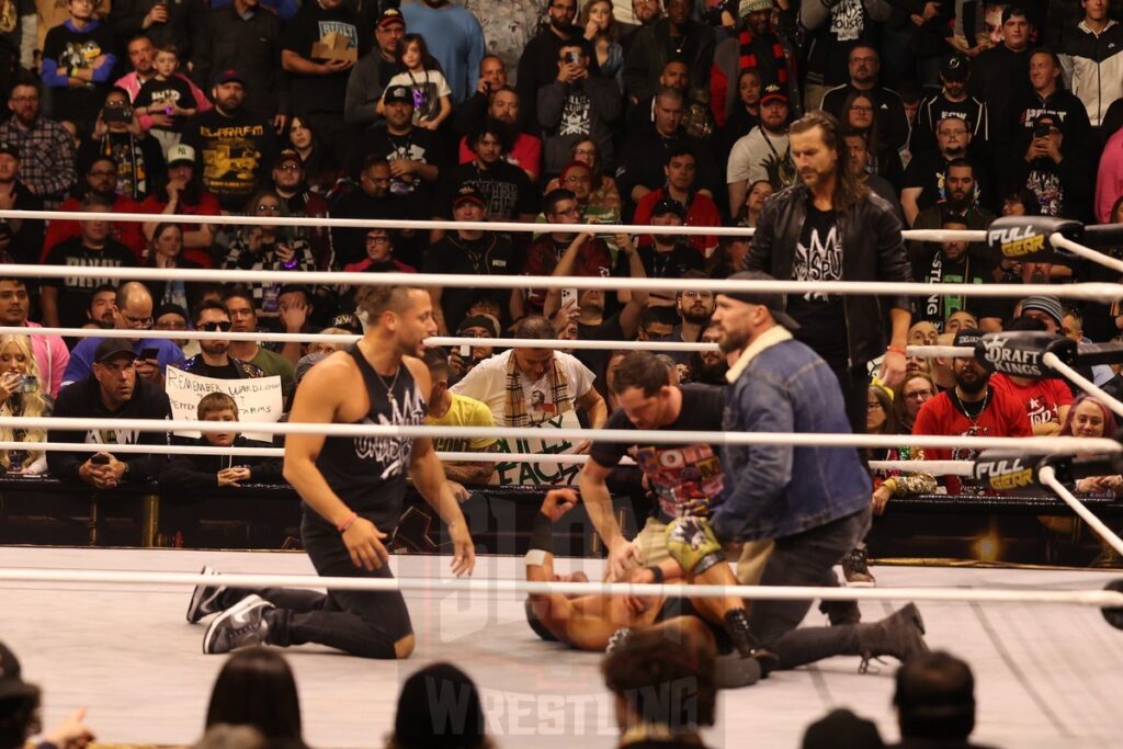 Matt Taven, Adam Cole, Mike Bennett and Kyle O'Reilly in the ring after MJF vs. Roderick Strong at AEW Full Gear on Saturday, November 23, 2024, at the Prudential Center in Newark, NJ. Photo by George Tahinos, https://georgetahinos.smugmug.com