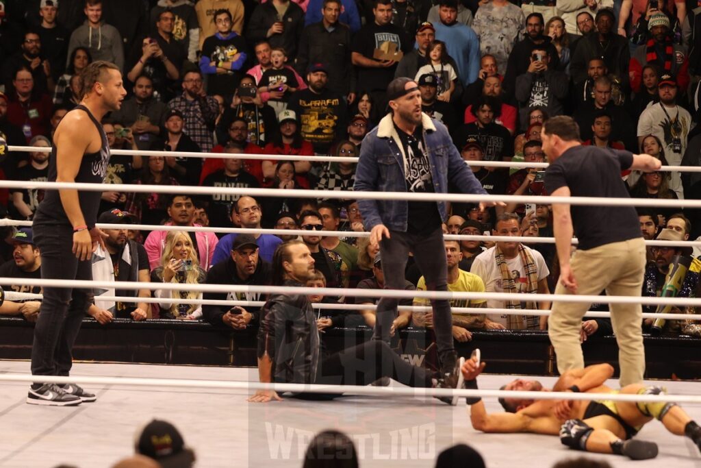 Matt Taven, Adam Cole, Mike Bennett and Kyle O'Reilly in the ring after MJF vs. Roderick Strong at AEW Full Gear on Saturday, November 23, 2024, at the Prudential Center in Newark, NJ. Photo by George Tahinos, https://georgetahinos.smugmug.com