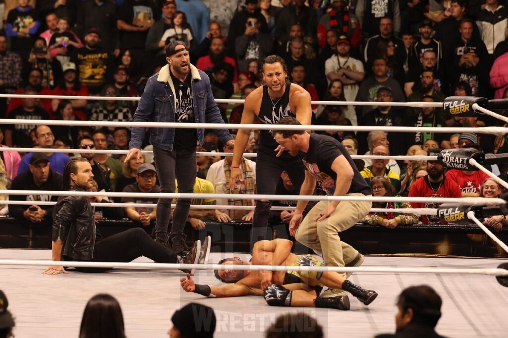 Matt Taven, Adam Cole, Mike Bennett and Kyle O'Reilly in the ring after MJF vs. Roderick Strong at AEW Full Gear on Saturday, November 23, 2024, at the Prudential Center in Newark, NJ. Photo by George Tahinos, https://georgetahinos.smugmug.com