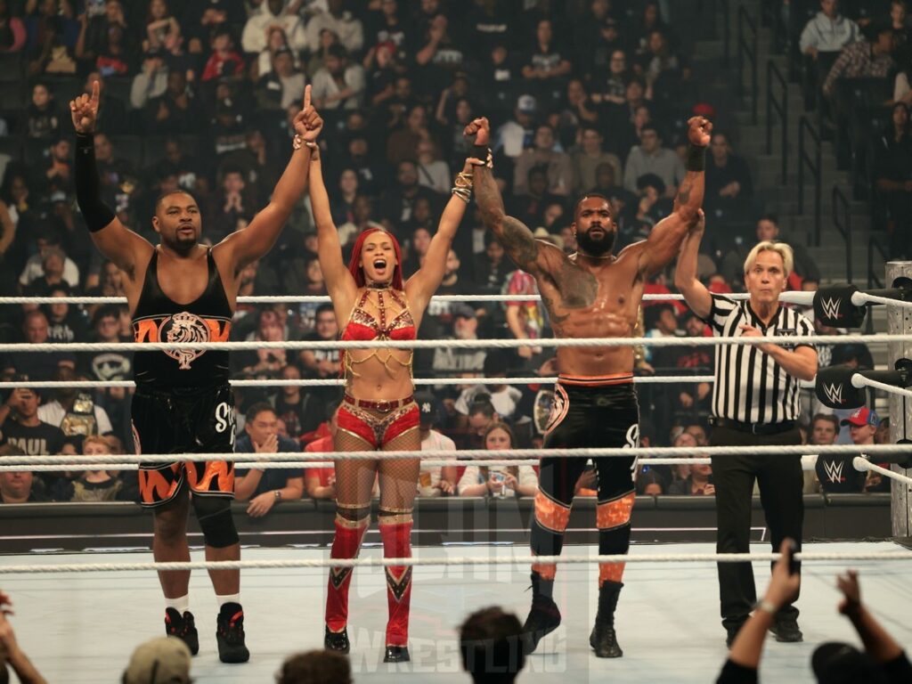 Street Profits (Angelo Dawkins and Montez Ford) and B-Fab at WWE Smackdown on Friday, November 1, 2024 (taped October 25, 2024), at the Barclays Center in Brooklyn, NY. Photo by George Tahinos, https://georgetahinos.smugmug.com