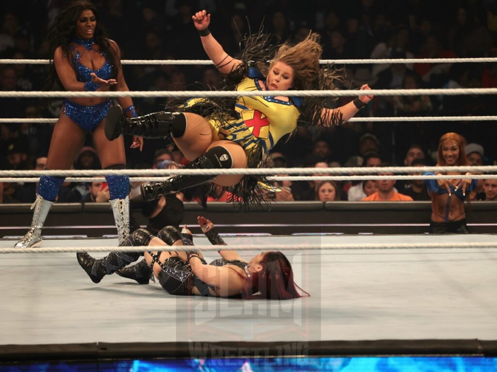 Piper Niven crashes down on Iyo Sky at WWE Smackdown on Friday, November 1, 2024 (taped October 25, 2024), at the Barclays Center in Brooklyn, NY. Photo by George Tahinos, https://georgetahinos.smugmug.com