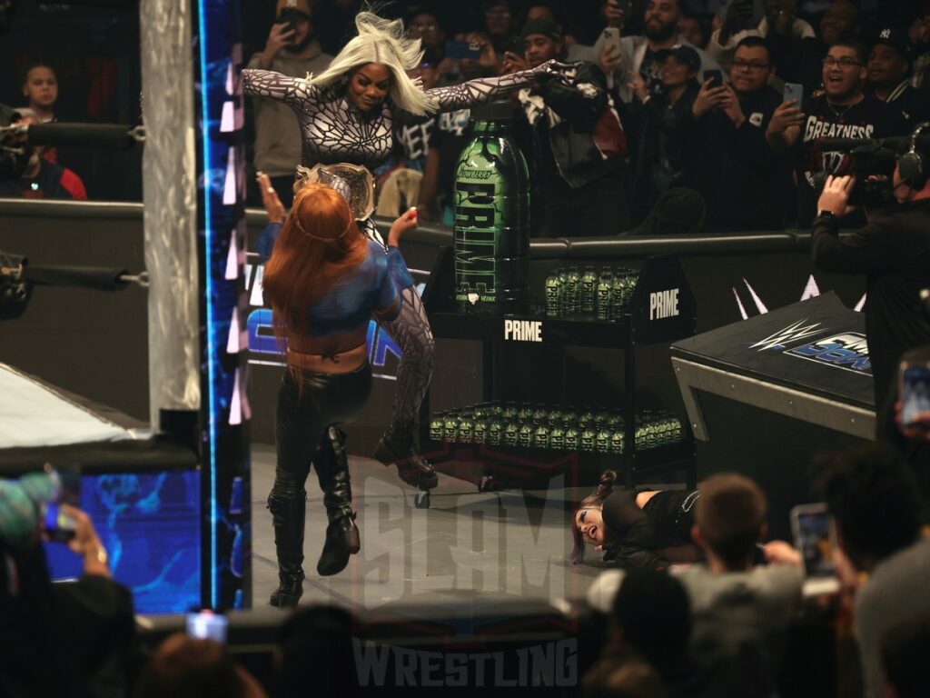 Jade Cargill kicks Jakara Jackson during Iyo Sky vs Bianca Belair vs Lash Legend vs Piper Niven at WWE Smackdown on Friday, November 1, 2024 (taped October 25, 2024), at the Barclays Center in Brooklyn, NY. Photo by George Tahinos, https://georgetahinos.smugmug.com