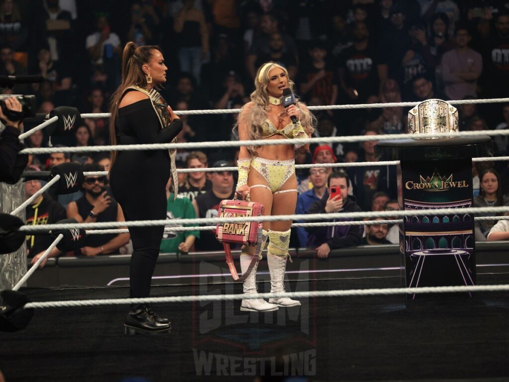 Tiffany Stratton interrupts WWE Women’s Champion Nia Jax at WWE Smackdown on Friday, November 1, 2024 (taped October 25, 2024), at the Barclays Center in Brooklyn, NY. Photo by George Tahinos, https://georgetahinos.smugmug.com