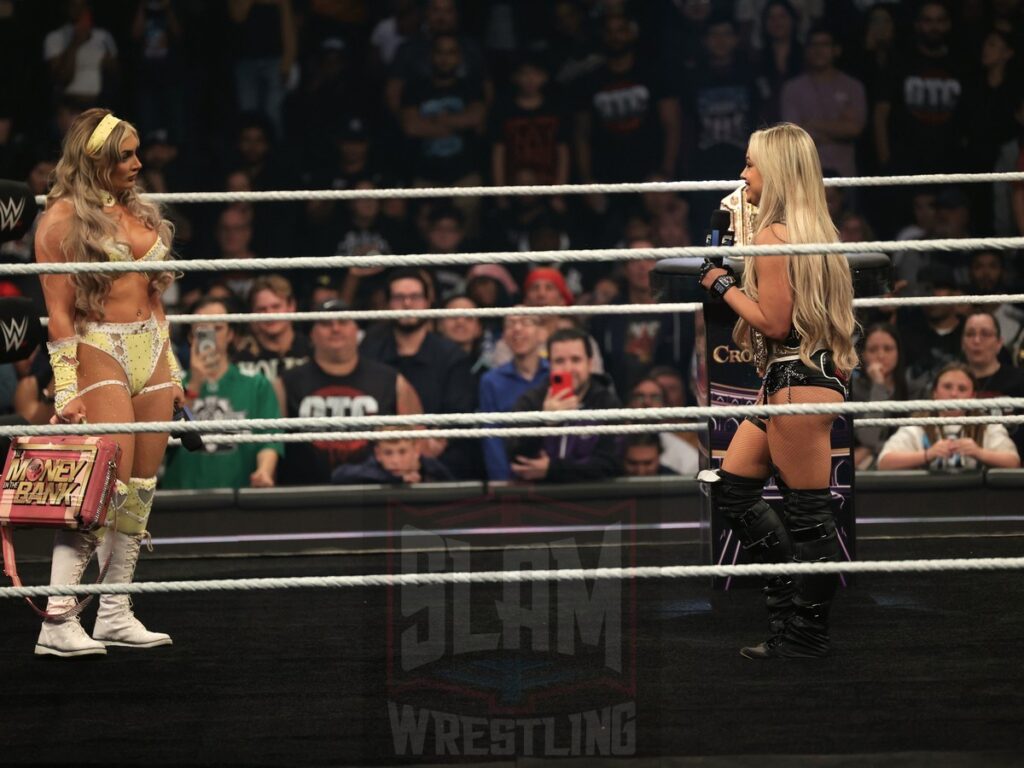 Liv Morgan talks to Tiffany Stratton at WWE Smackdown on Friday, November 1, 2024 (taped October 25, 2024), at the Barclays Center in Brooklyn, NY. Photo by George Tahinos, https://georgetahinos.smugmug.com