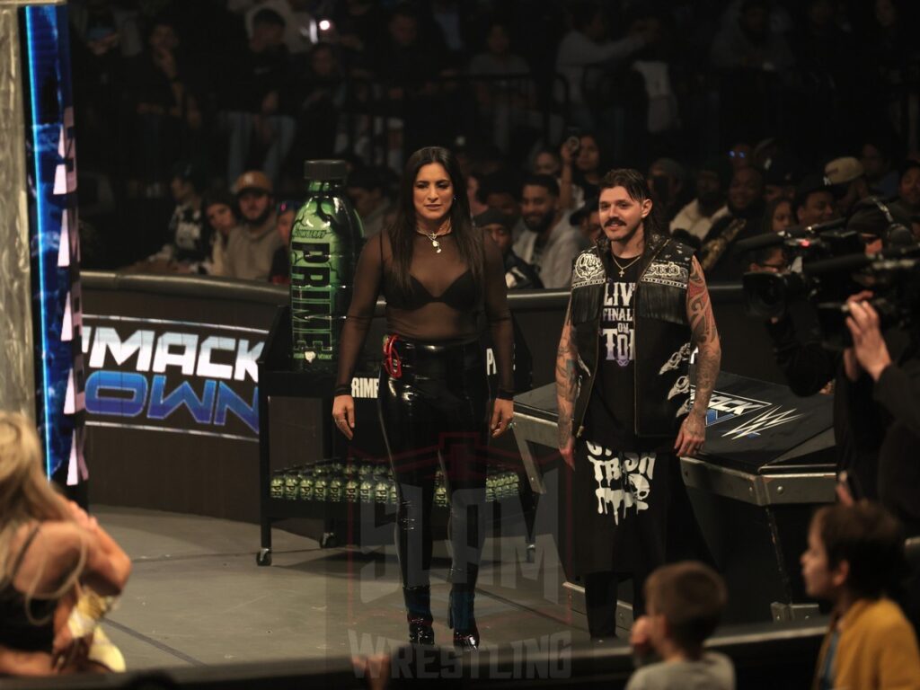 Dominik Mysterio and Sonya Deville at ringside at WWE Smackdown on Friday, November 1, 2024 (taped October 25, 2024), at the Barclays Center in Brooklyn, NY. Photo by George Tahinos, https://georgetahinos.smugmug.com