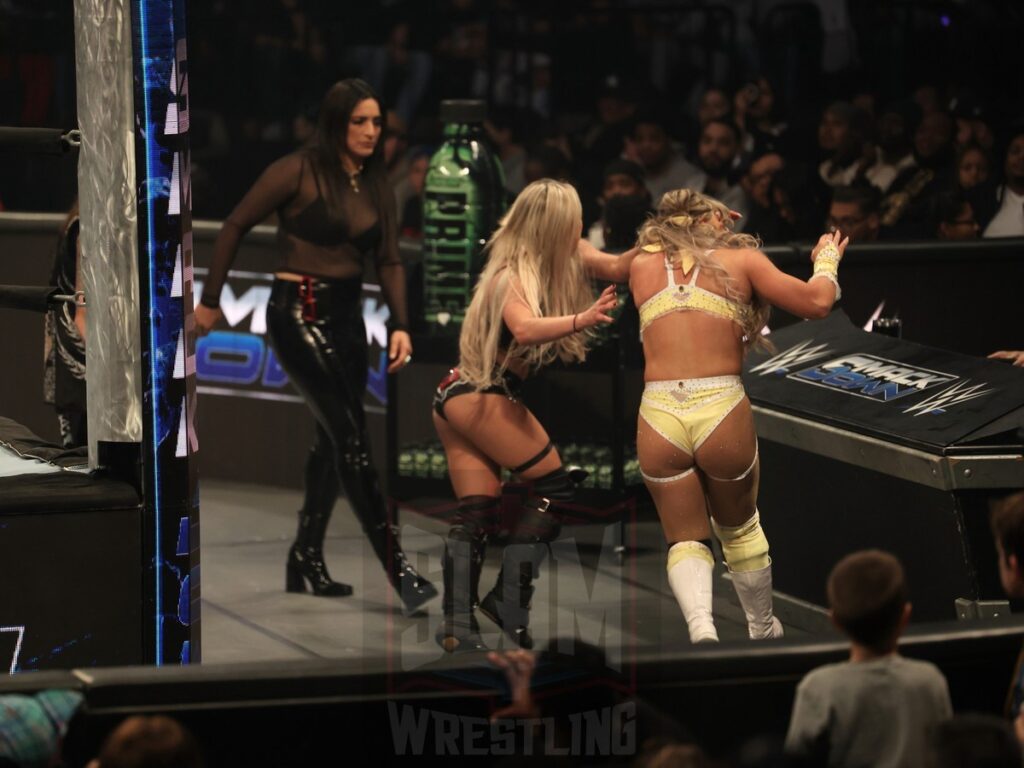 Liv Morgan brawls with Tiffany Stratton at WWE Smackdown on Friday, November 1, 2024 (taped October 25, 2024), at the Barclays Center in Brooklyn, NY. Photo by George Tahinos, https://georgetahinos.smugmug.com