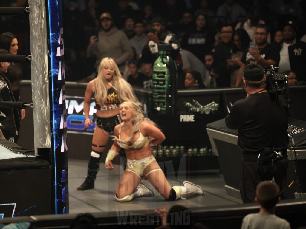 Liv Morgan brawls with Tiffany Stratton at WWE Smackdown on Friday, November 1, 2024 (taped October 25, 2024), at the Barclays Center in Brooklyn, NY. Photo by George Tahinos, https://georgetahinos.smugmug.com