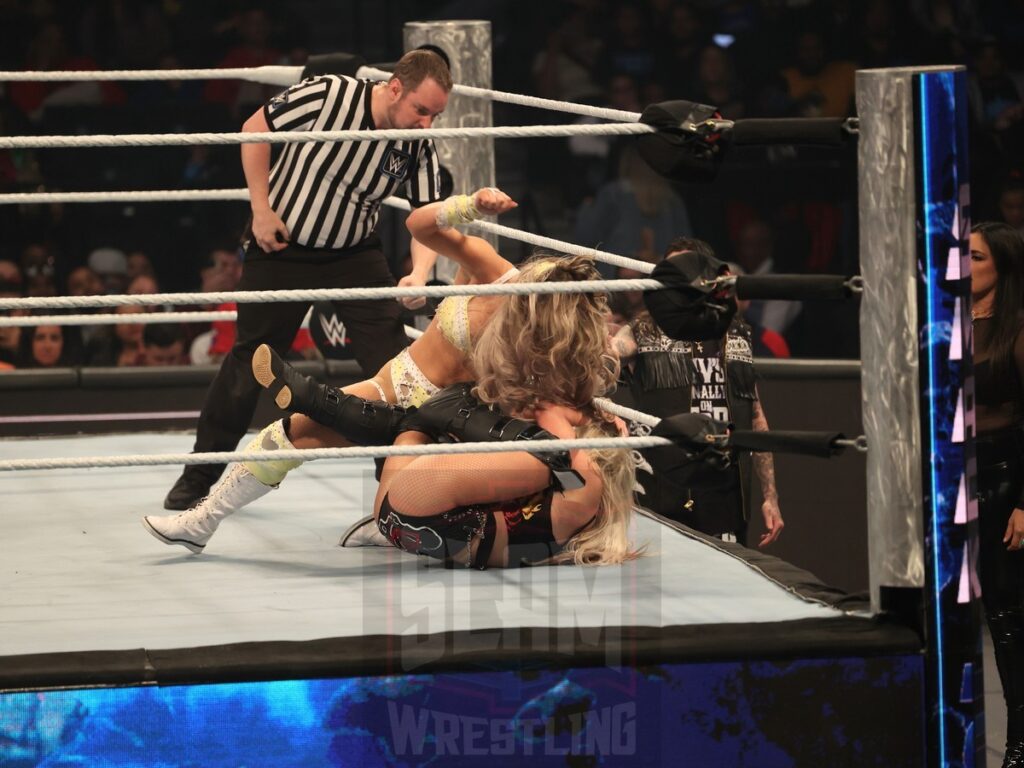 Liv Morgan brawls with Tiffany Stratton at WWE Smackdown on Friday, November 1, 2024 (taped October 25, 2024), at the Barclays Center in Brooklyn, NY. Photo by George Tahinos, https://georgetahinos.smugmug.com