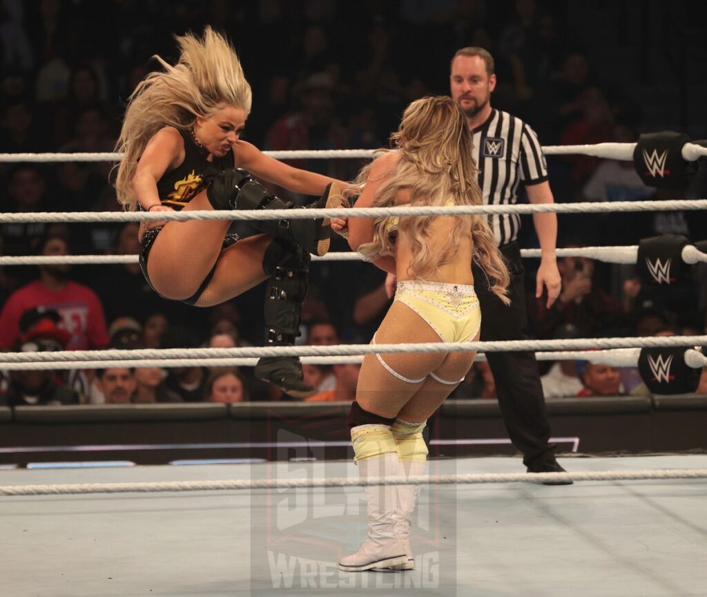 Liv Morgan brawls with Tiffany Stratton at WWE Smackdown on Friday, November 1, 2024 (taped October 25, 2024), at the Barclays Center in Brooklyn, NY. Photo by George Tahinos, https://georgetahinos.smugmug.com