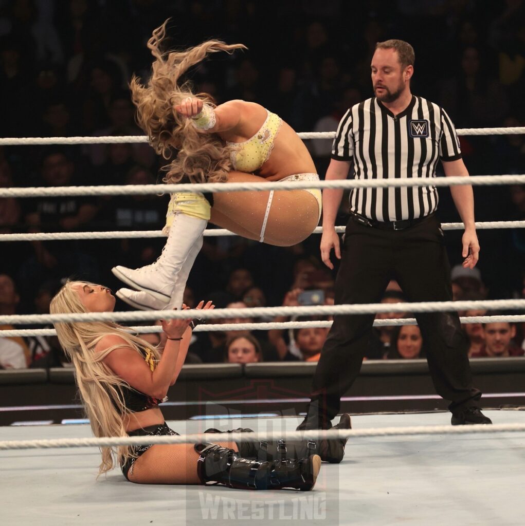 Liv Morgan brawls with Tiffany Stratton at WWE Smackdown on Friday, November 1, 2024 (taped October 25, 2024), at the Barclays Center in Brooklyn, NY. Photo by George Tahinos, https://georgetahinos.smugmug.com