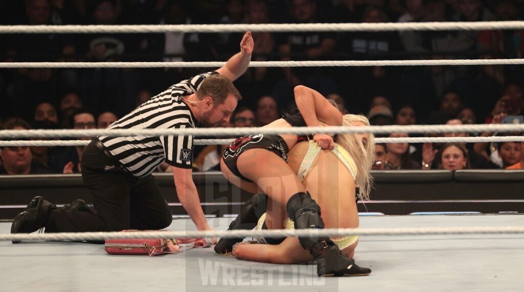 Liv Morgan brawls with Tiffany Stratton at WWE Smackdown on Friday, November 1, 2024 (taped October 25, 2024), at the Barclays Center in Brooklyn, NY. Photo by George Tahinos, https://georgetahinos.smugmug.com