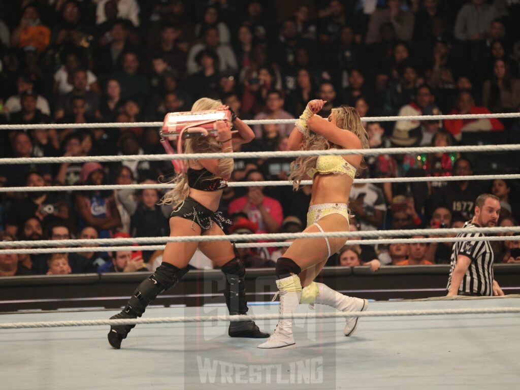 Liv Morgan brawls with Tiffany Stratton at WWE Smackdown on Friday, November 1, 2024 (taped October 25, 2024), at the Barclays Center in Brooklyn, NY. Photo by George Tahinos, https://georgetahinos.smugmug.com