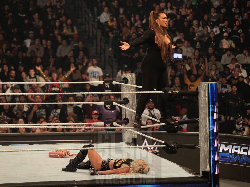 Nia Jax has Liv Morgan in a tough spot at WWE Smackdown on Friday, November 1, 2024 (taped October 25, 2024), at the Barclays Center in Brooklyn, NY. Photo by George Tahinos, https://georgetahinos.smugmug.com