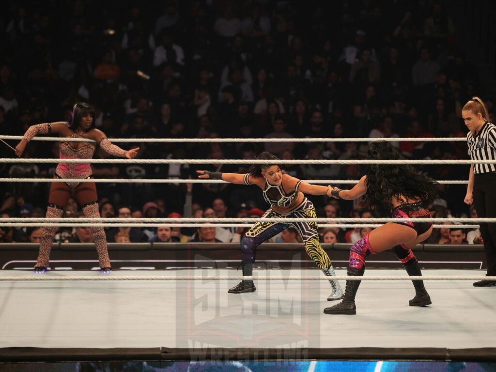 Naomi & Bayley vs Candice LeRae & Indi Hartwell at WWE Smackdown on Friday, November 1, 2024 (taped October 25, 2024), at the Barclays Center in Brooklyn, NY. Photo by George Tahinos, https://georgetahinos.smugmug.com