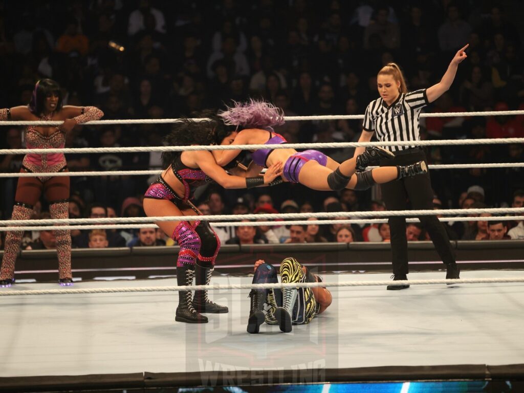 Naomi & Bayley vs Candice LeRae & Indi Hartwell at WWE Smackdown on Friday, November 1, 2024 (taped October 25, 2024), at the Barclays Center in Brooklyn, NY. Photo by George Tahinos, https://georgetahinos.smugmug.com