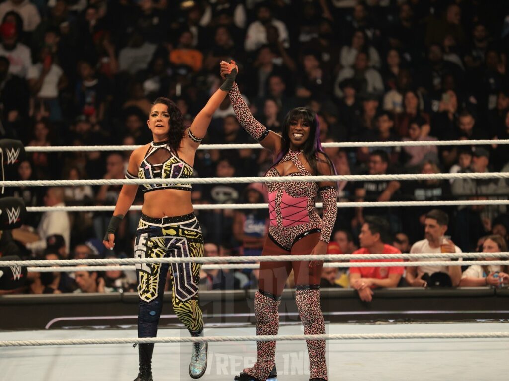 Bayley and Naomi at WWE Smackdown on Friday, November 1, 2024 (taped October 25, 2024), at the Barclays Center in Brooklyn, NY. Photo by George Tahinos, https://georgetahinos.smugmug.com