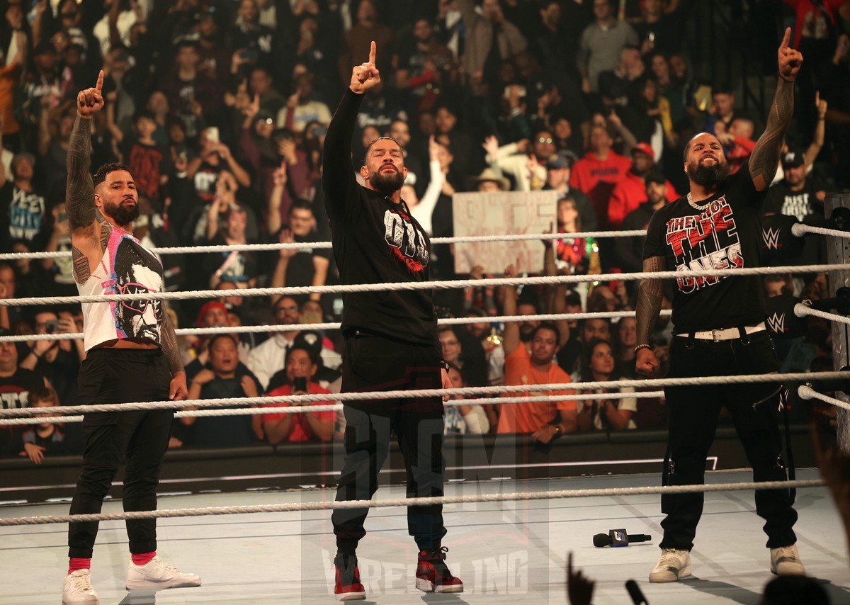 Jey Uso, Roman Reigns and Jimmy Uso at WWE Smackdown on Friday, November 1, 2024 (taped October 25, 2024), at the Barclays Center in Brooklyn, NY. Photo by George Tahinos, https://georgetahinos.smugmug.com