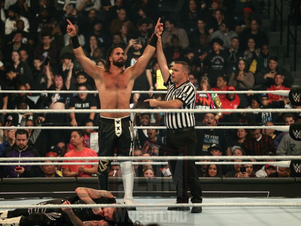 Seth Rollins vs Dominik Mysterio at WWE Smackdown on Friday, November 1, 2024 (taped October 25, 2024), at the Barclays Center in Brooklyn, NY. Photo by George Tahinos, https://georgetahinos.smugmug.com