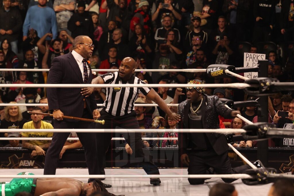 Post-match, the referee gets between MVP and Prince Nana at AEW Full Gear on Saturday, November 23, 2024, at the Prudential Center in Newark, NJ. Photo by George Tahinos, https://georgetahinos.smugmug.com