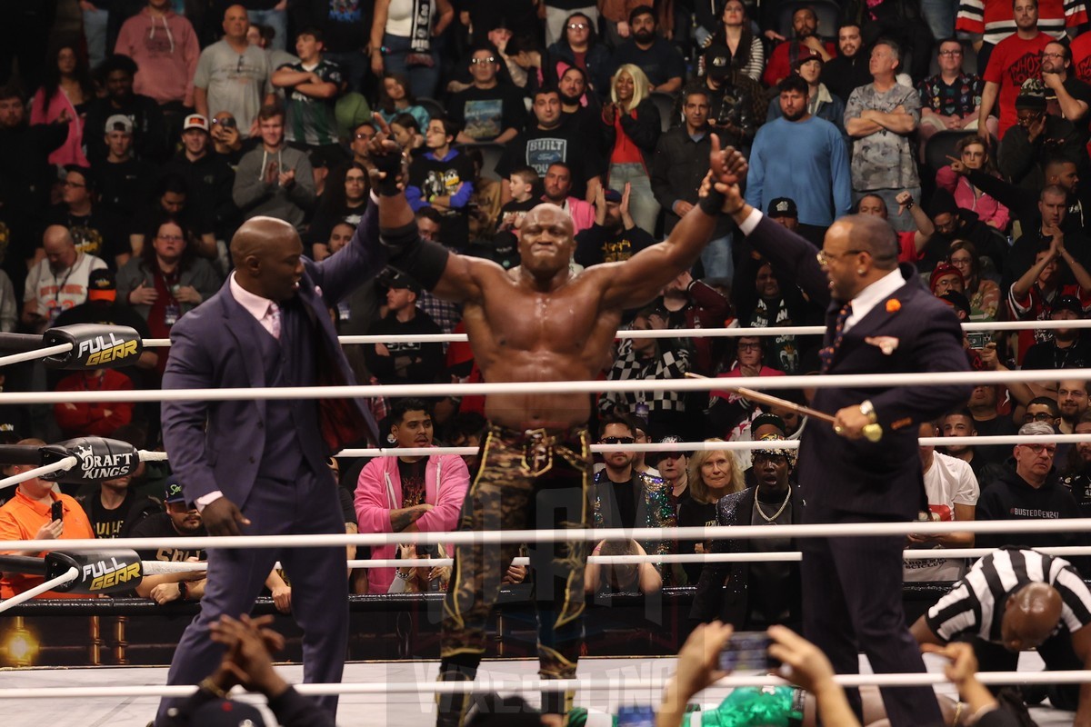 Shelton Benjamin, Bobby Lashley and MVP at AEW Full Gear on Saturday, November 23, 2024, at the Prudential Center in Newark, NJ. Photo by George Tahinos, https://georgetahinos.smugmug.com