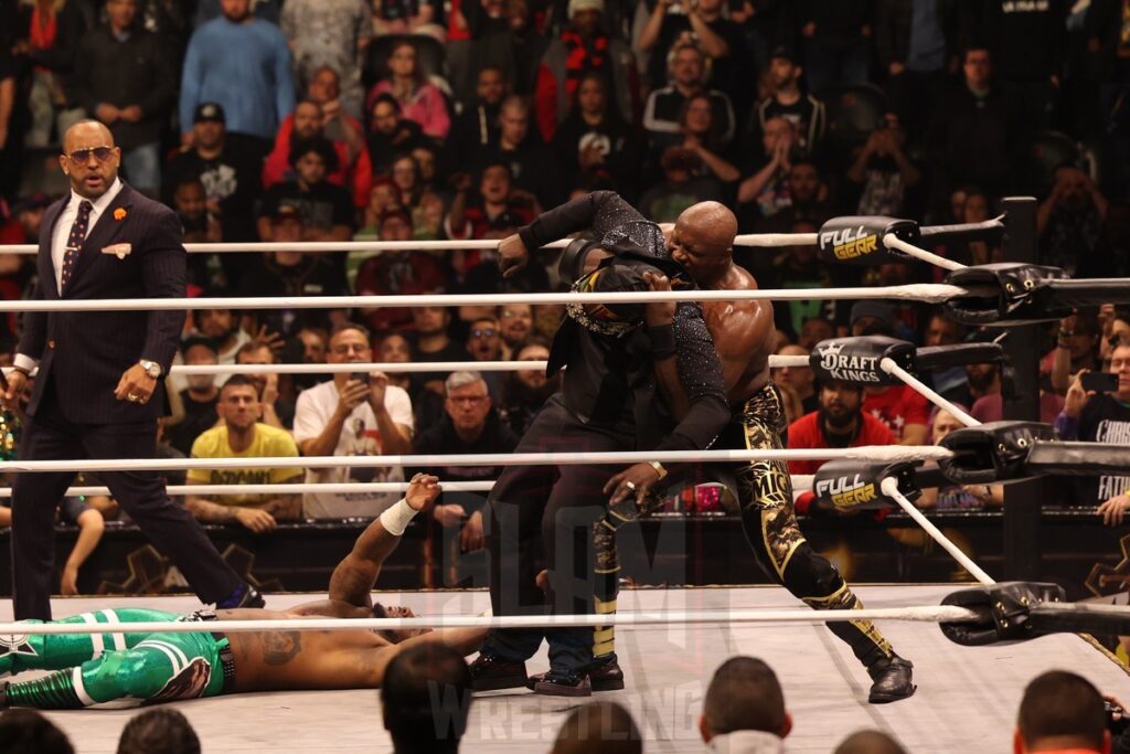 Post-match, Bobby Lashley attacks Prince Nana at AEW Full Gear on Saturday, November 23, 2024, at the Prudential Center in Newark, NJ. Photo by George Tahinos, https://georgetahinos.smugmug.com