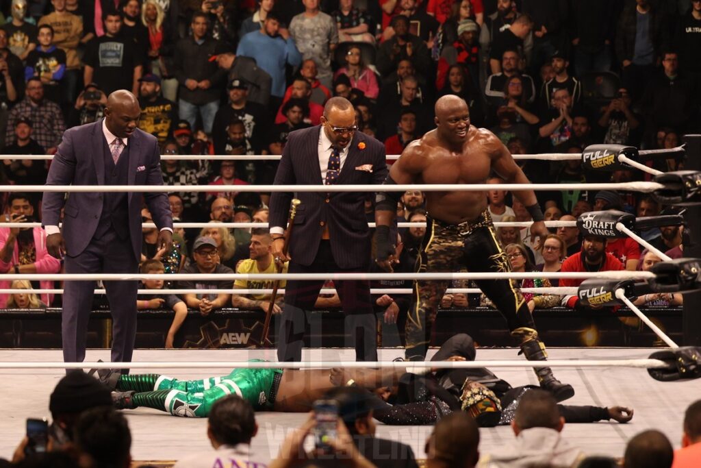 Shelton Benjamin, MVP and Bobby Lashley stand over Swerve Strickland and Prince Nana at AEW Full Gear on Saturday, November 23, 2024, at the Prudential Center in Newark, NJ. Photo by George Tahinos, https://georgetahinos.smugmug.com