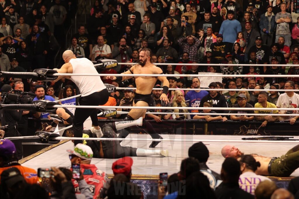 PAC and Claudio Castagnoli attack Jay White at AEW Full Gear on Saturday, November 23, 2024, at the Prudential Center in Newark, NJ. Photo by George Tahinos, https://georgetahinos.smugmug.com