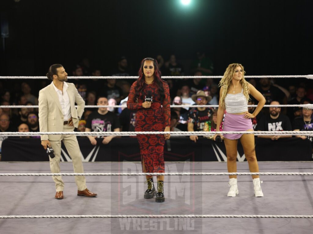 Robert Stone, NXT General Manager Ava and Stevie Turner at NXT on Wednesday, November 6, 2024, at the 2300 Arena, in Philadelphia, PA. Photo by George Tahinos, https://georgetahinos.smugmug.com