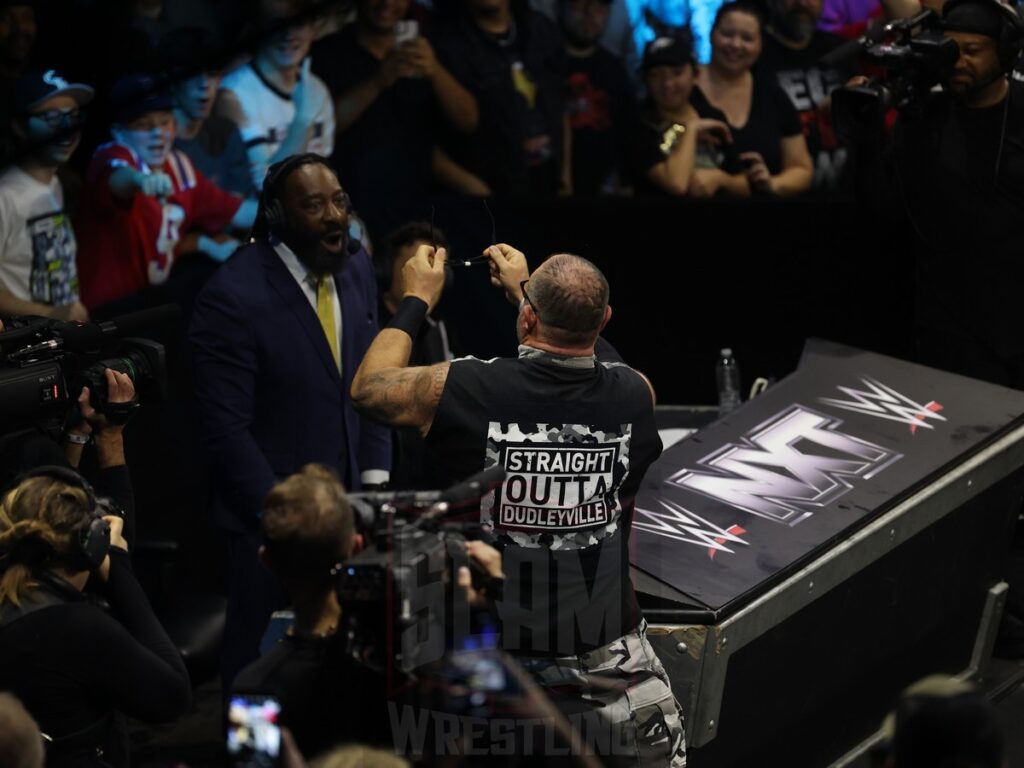 Bubba Ray Dudley says hello to Booker T at NXT on Wednesday, November 6, 2024, at the 2300 Arena, in Philadelphia, PA. Photo by George Tahinos, https://georgetahinos.smugmug.com