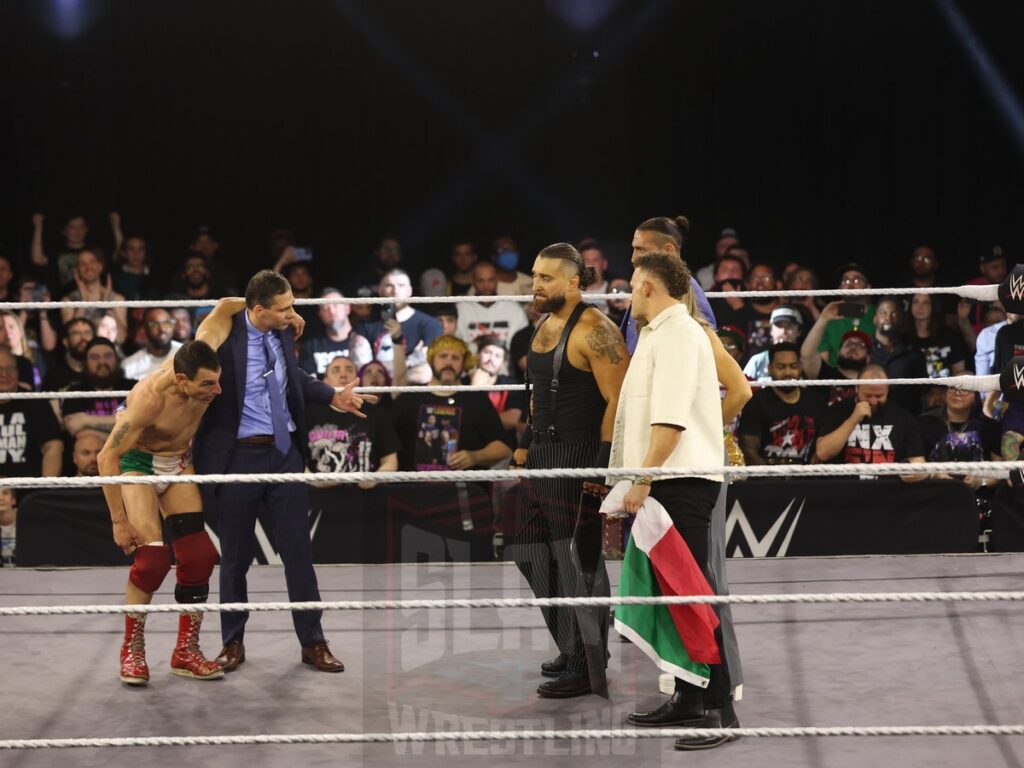 Post-match, Tony Mamaluke and Nunzio stand in front of North American Champion Tony D’Angelo and the Family at NXT on Wednesday, November 6, 2024, at the 2300 Arena, in Philadelphia, PA. Photo by George Tahinos, https://georgetahinos.smugmug.com