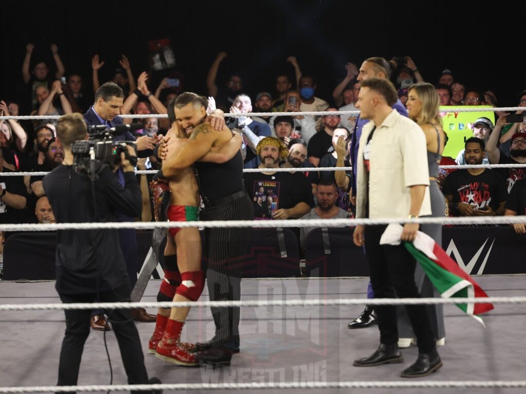 Tony D’Angelo hugs it out with Nunzio at NXT on Wednesday, November 6, 2024, at the 2300 Arena, in Philadelphia, PA. Photo by George Tahinos, https://georgetahinos.smugmug.com