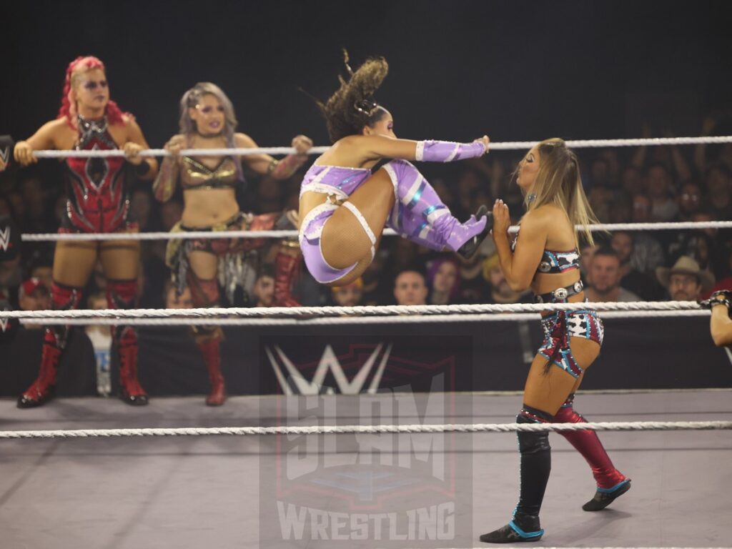 Fatal Influence, Cora Jade and Roxanne Perez vs Stephanie Vaquer, Jordynne Grace, Kehlani Jordan, ZARIA, and Giulia at NXT on Wednesday, November 6, 2024, at the 2300 Arena, in Philadelphia, PA. Photo by George Tahinos, https://georgetahinos.smugmug.com