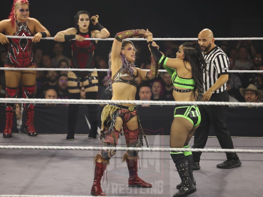 Fatal Influence, Cora Jade and Roxanne Perez vs Stephanie Vaquer, Jordynne Grace, Kehlani Jordan, ZARIA, and Giulia at NXT on Wednesday, November 6, 2024, at the 2300 Arena, in Philadelphia, PA. Photo by George Tahinos, https://georgetahinos.smugmug.com