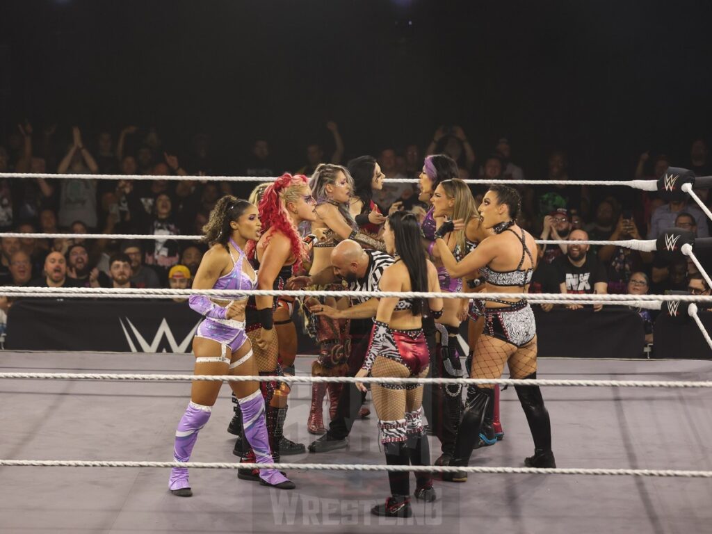 Fatal Influence, Cora Jade and Roxanne Perez vs Stephanie Vaquer, Jordynne Grace, Kehlani Jordan, ZARIA, and Giulia at NXT on Wednesday, November 6, 2024, at the 2300 Arena, in Philadelphia, PA. Photo by George Tahinos, https://georgetahinos.smugmug.com