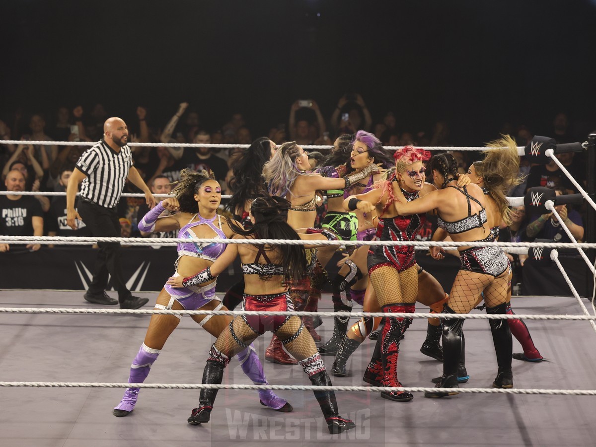 Fatal Influence, Cora Jade and Roxanne Perez vs Stephanie Vaquer, Jordynne Grace, Kehlani Jordan, ZARIA, and Giulia at NXT on Wednesday, November 6, 2024, at the 2300 Arena, in Philadelphia, PA. Photo by George Tahinos, https://georgetahinos.smugmug.com