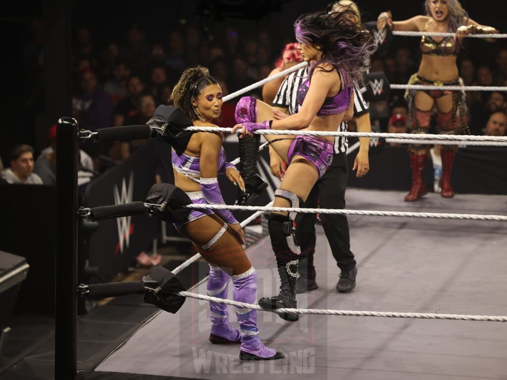 Fatal Influence, Cora Jade and Roxanne Perez vs Stephanie Vaquer, Jordynne Grace, Kehlani Jordan, ZARIA, and Giulia at NXT on Wednesday, November 6, 2024, at the 2300 Arena, in Philadelphia, PA. Photo by George Tahinos, https://georgetahinos.smugmug.com