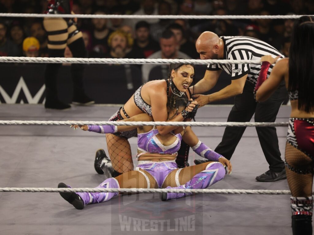 Fatal Influence, Cora Jade and Roxanne Perez vs Stephanie Vaquer, Jordynne Grace, Kehlani Jordan, ZARIA, and Giulia at NXT on Wednesday, November 6, 2024, at the 2300 Arena, in Philadelphia, PA. Photo by George Tahinos, https://georgetahinos.smugmug.com