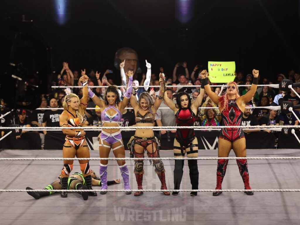 Fatal Influence, Cora Jade and Roxanne Perez vs Stephanie Vaquer, Jordynne Grace, Kehlani Jordan, ZARIA, and Giulia at NXT on Wednesday, November 6, 2024, at the 2300 Arena, in Philadelphia, PA. Photo by George Tahinos, https://georgetahinos.smugmug.com