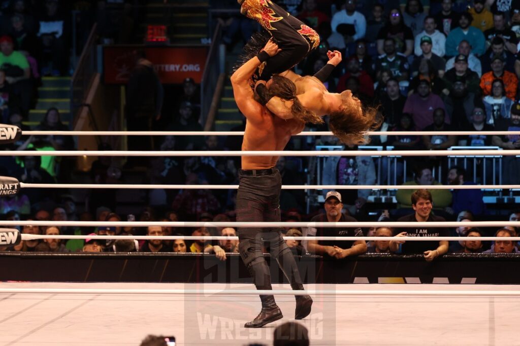 Bang Bang Gang (“Switchblade” Jay White and “Rock Hard” Juice Robinson) vs “Hangman” Adam Page and “The Patriarchy” Christian Cage at AEW Dynamite on Wednesday, November 13, 2024, at the Total Mortgage Arena, in Bridgeport, Connecticut. Photo by George Tahinos, georgetahinos.smugmug.com